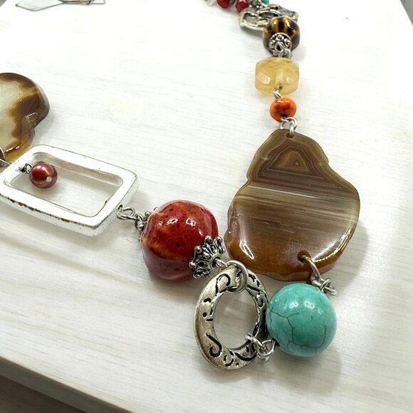 Silver Tone Long Necklace Various Stones Beads Agate Slice Fall Fashion - Picture 3 of 6